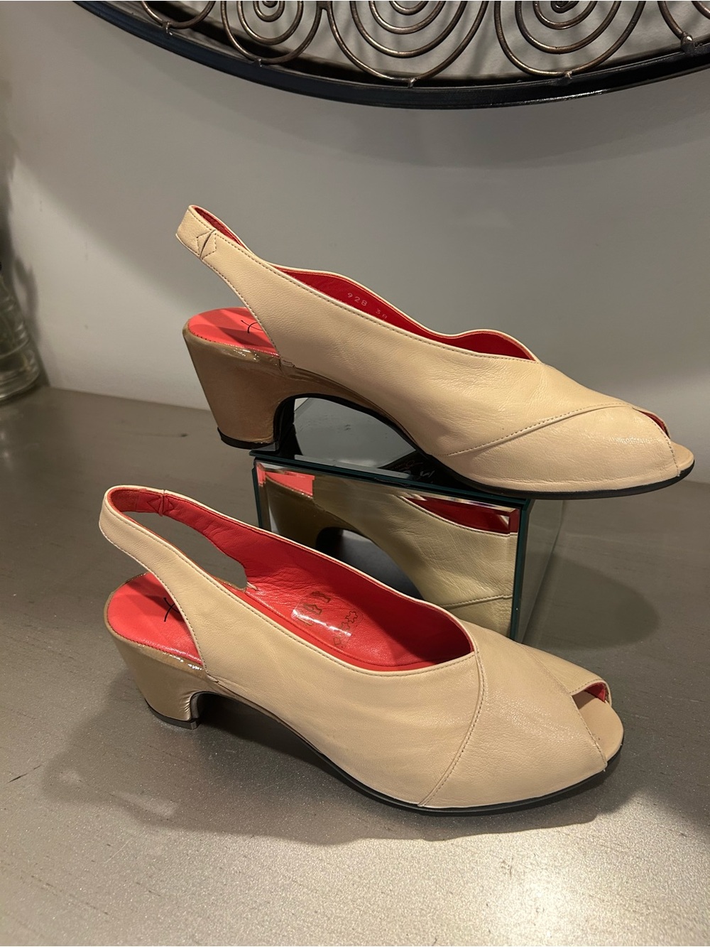 Pas de Rouge Beige Slingback Peep-Toe Heels with Red Lining